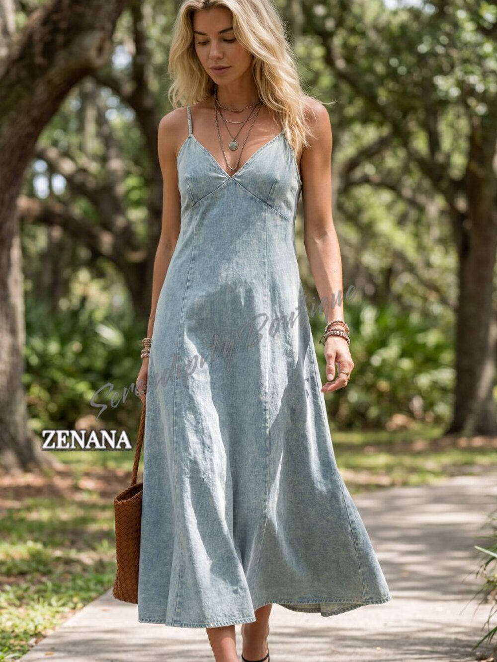 Zenana Eco Sustainable Tencel Lightweight Mineral Wash Denim Strap Maxi Dress